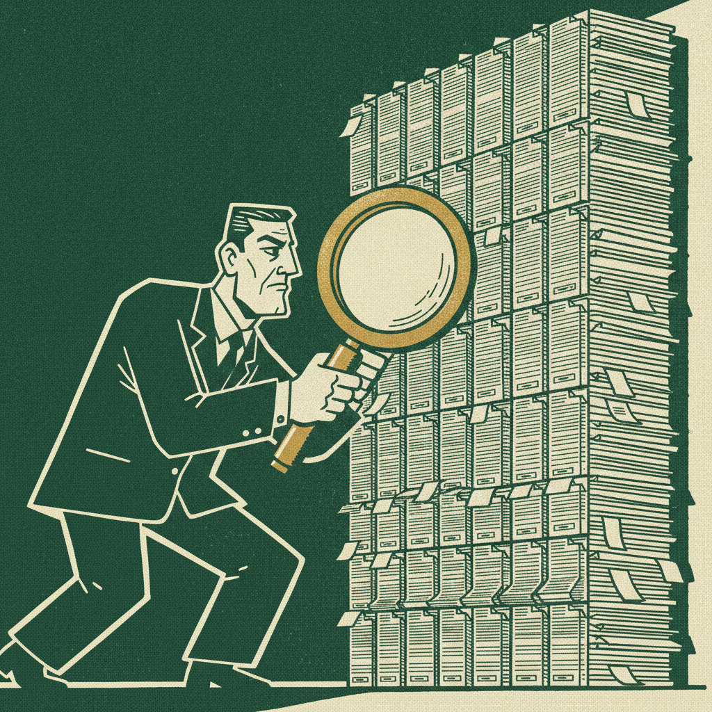 A woodcut of an investor examining a wall of documents while preparing for diligence.