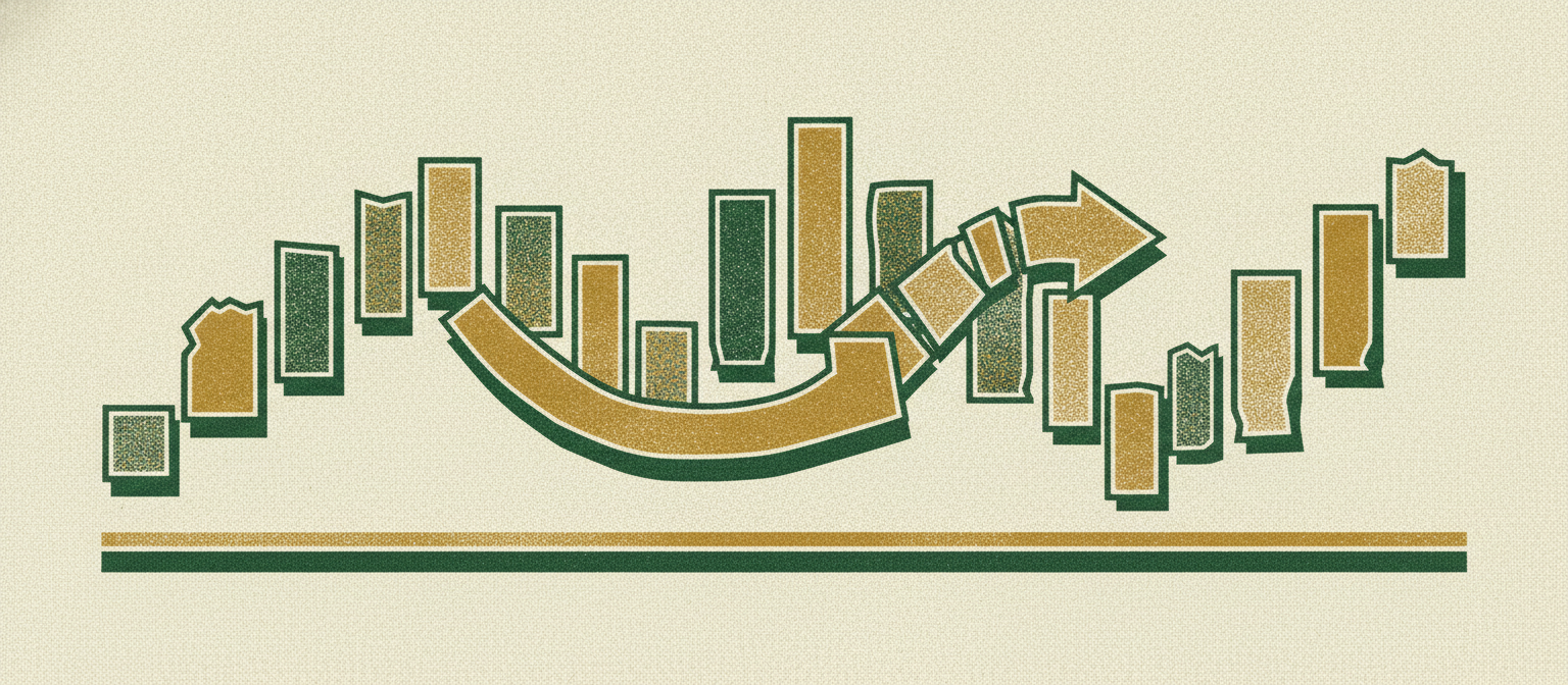 Wide woodcut finance frieze section divider.