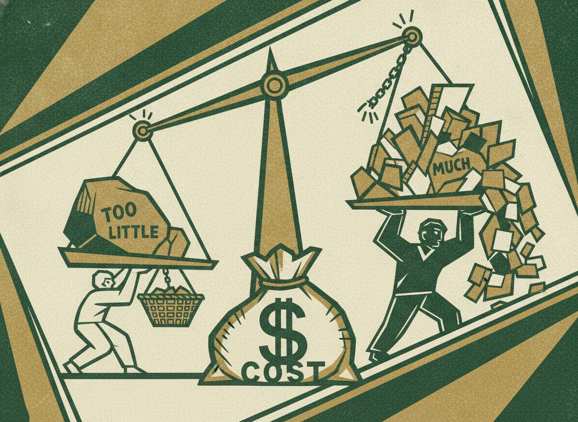 Woodcut illustration representing the cost of raising too little or too much.