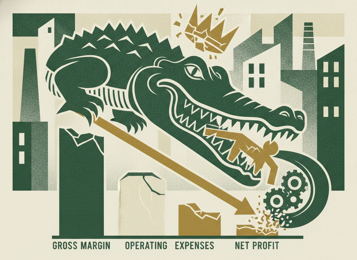 Woodcut illustration representing why gross margin lies about profitability.