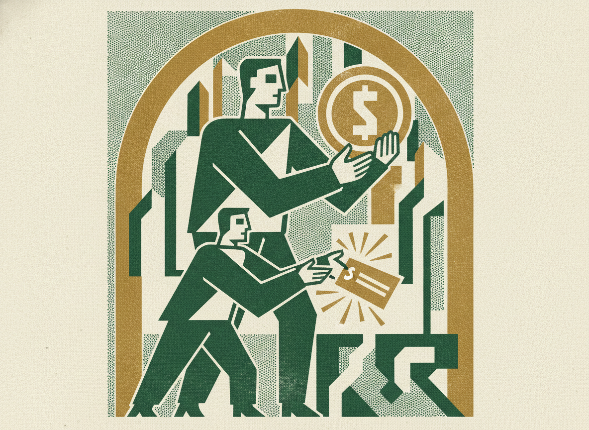 Woodcut illustration representing the discount: a second reward.