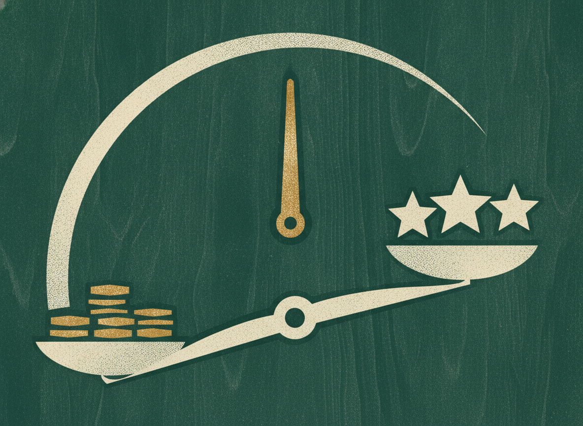 Woodcut of a balanced scale weighing coins against star tokens beneath a clock arc.