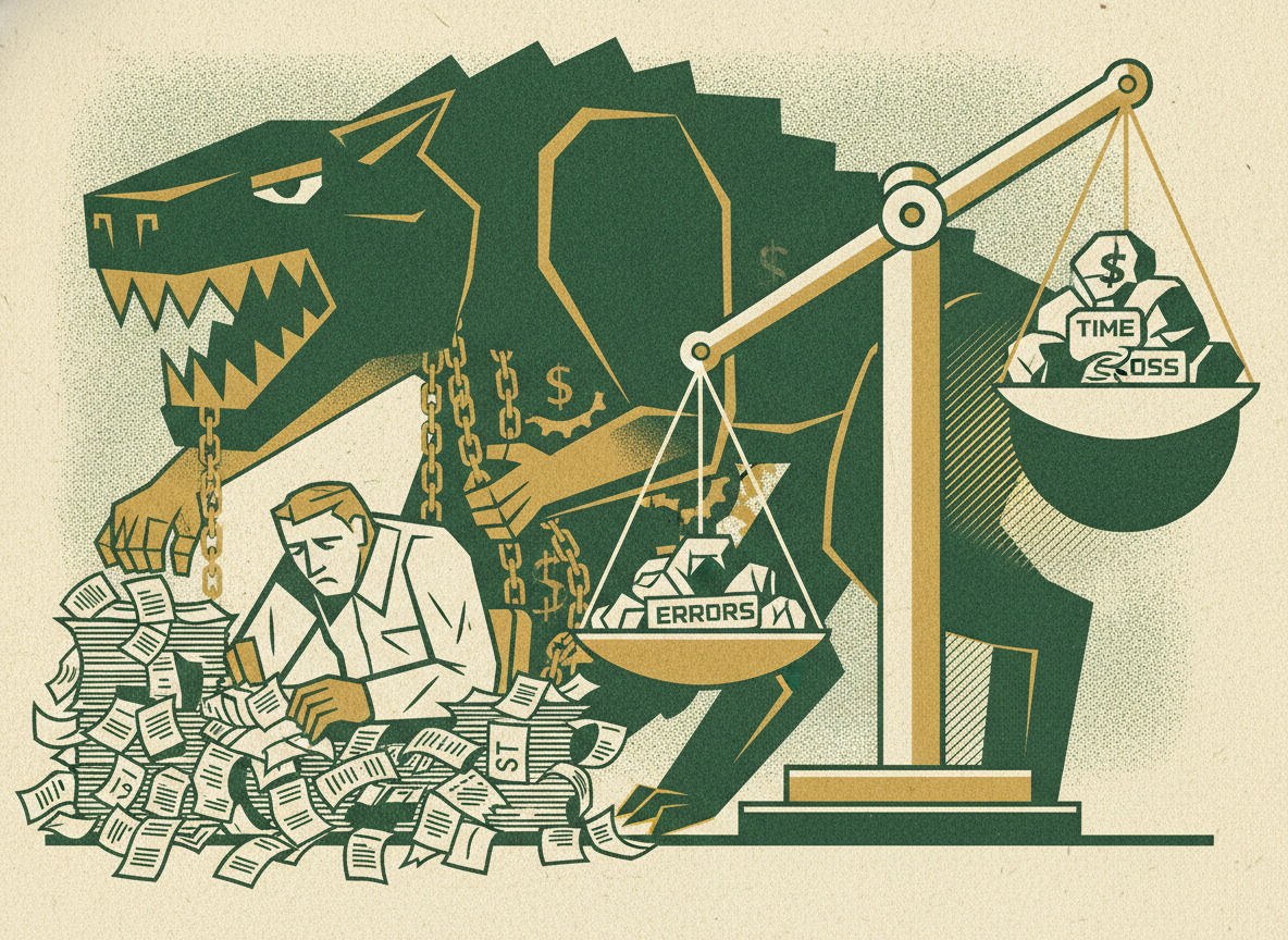 Woodcut illustration representing the hidden cost of manual expense reports.