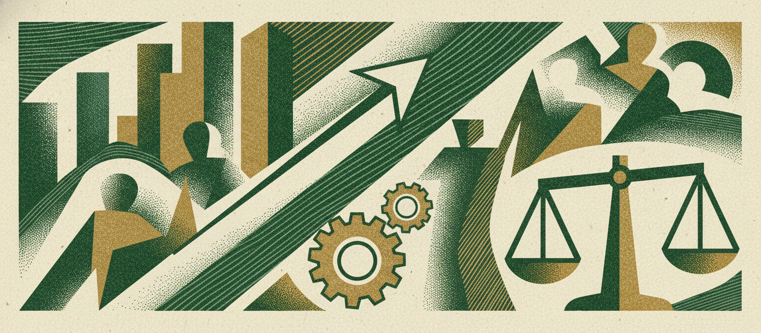 Wide woodcut finance frieze section divider.