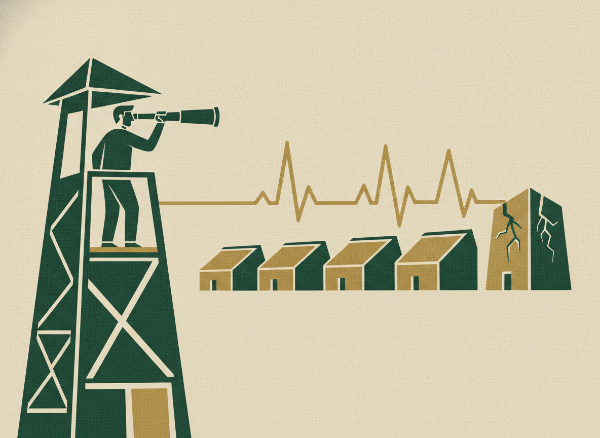 A lookout in a watchtower viewing supplier buildings through a spyglass with a pulse line along the rooftops, showing ongoing monitoring of supplier financial health.