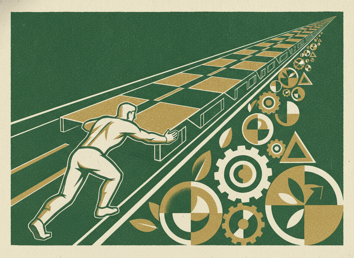 Woodcut illustration representing extending runway without stalling growth.