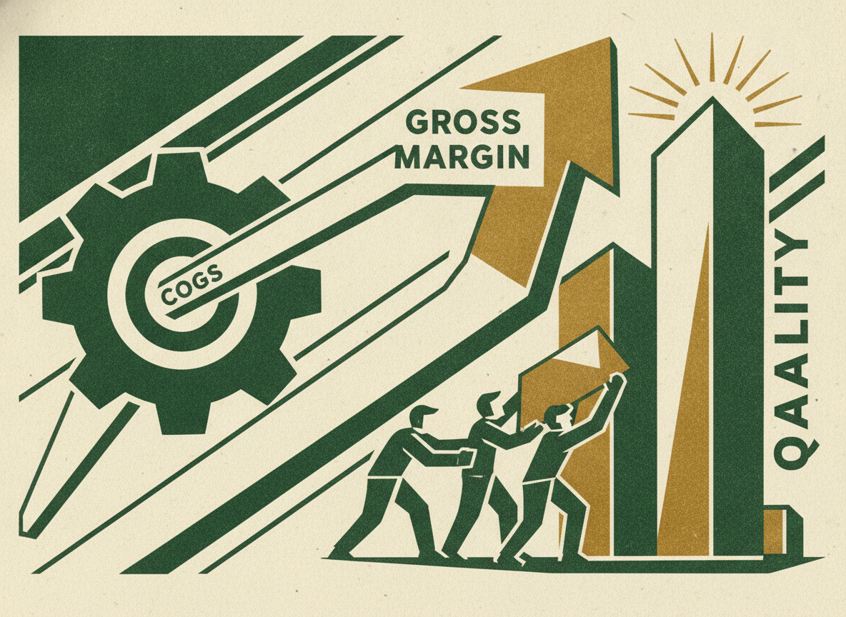 Woodcut illustration representing gross margin: the cogs that determines quality.