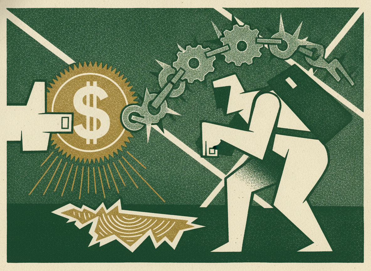 Woodcut illustration representing every dollar of funding has a cost.