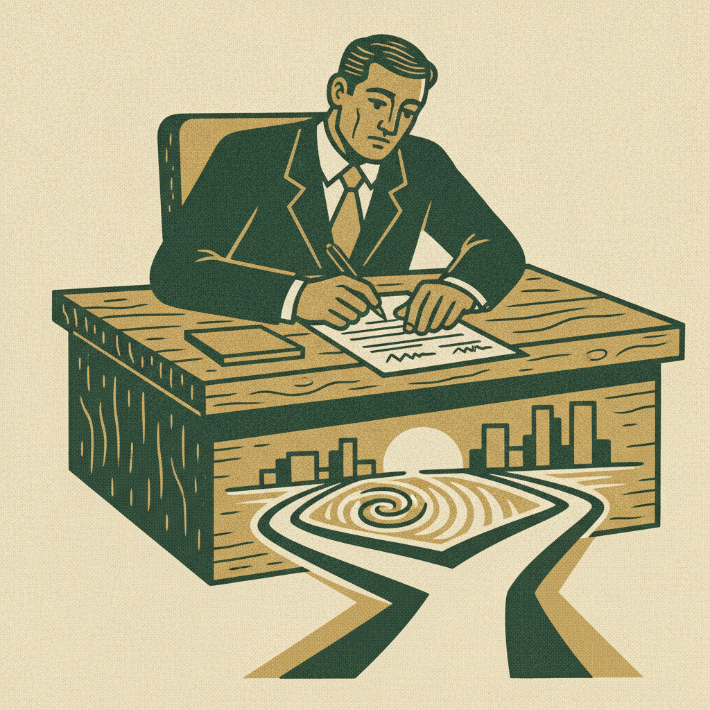 A lone executive pausing with a pen over a signed financial statement at a fork in the path, showing irreplaceable human financial judgment.