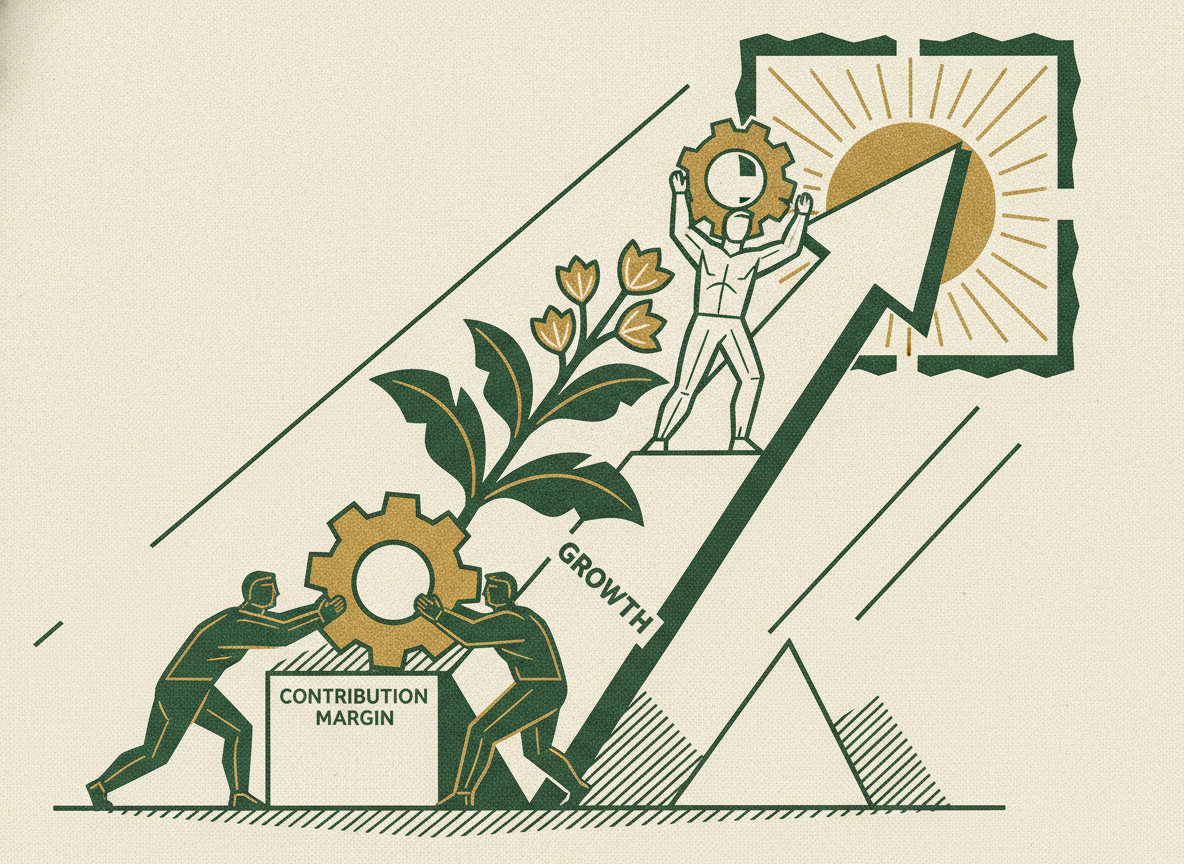 Woodcut illustration representing improving contribution margin without cutting growth.
