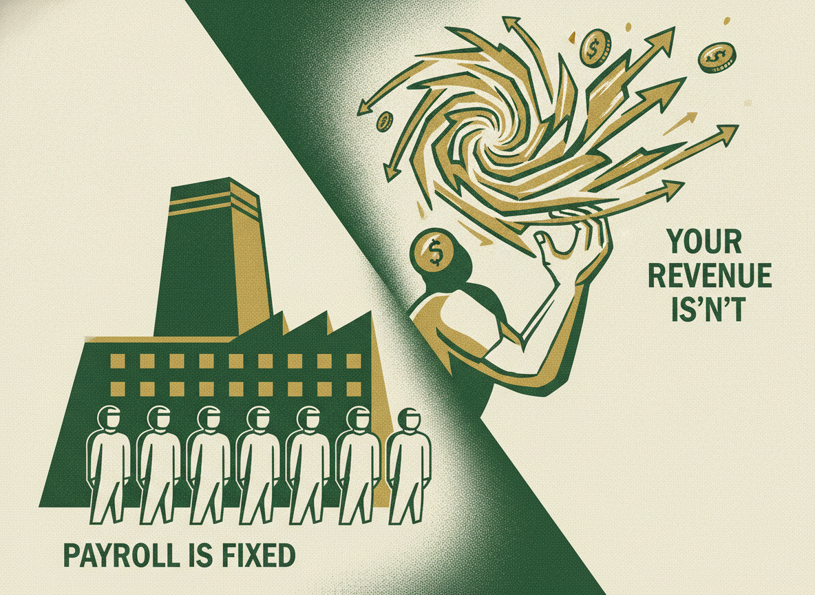 Woodcut illustration representing payroll is fixed; your revenue isn't.