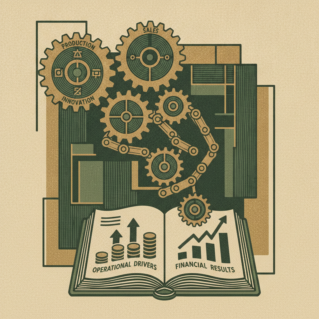 A machine of labeled driver gears turning downstream gears into an orderly ledger, showing operational drivers causing financial results.