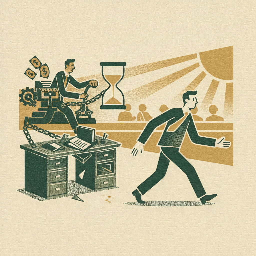 Woodcut of a founder walking free from clerical work toward strategy while a controller runs the ledger, buying back founder time.