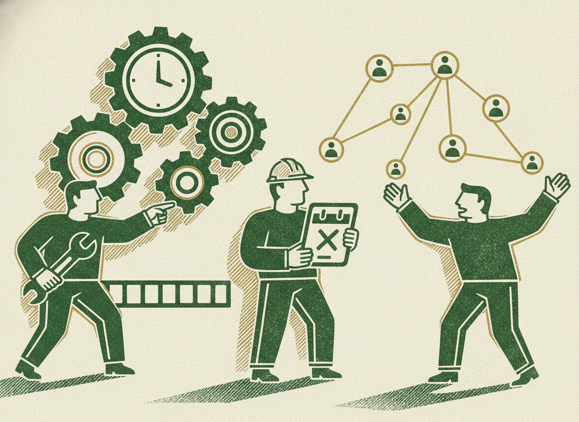 Woodcut illustration representing action items with owners, deadlines, and tracking.
