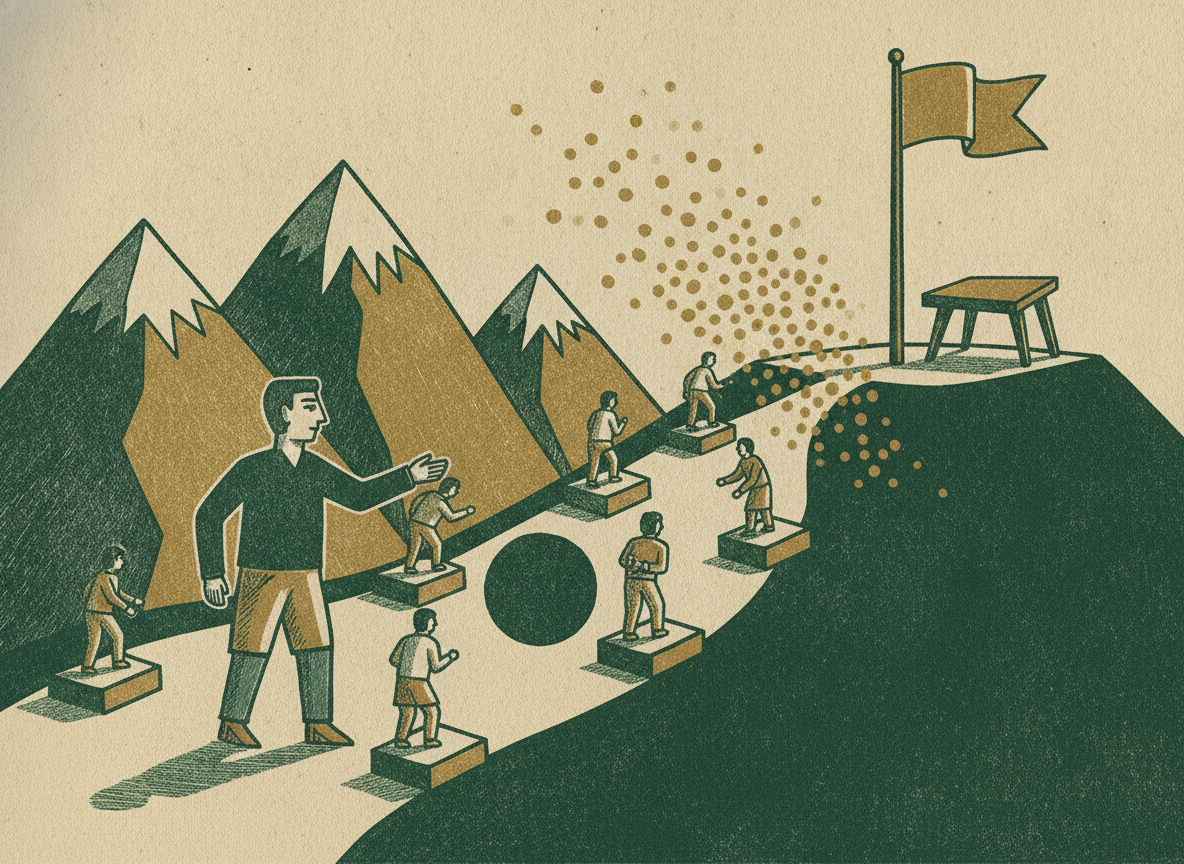 A path climbing to a flag on a hilltop where a founder positions managers and one large customer splits into many, showing pre-sale preparation over two years.