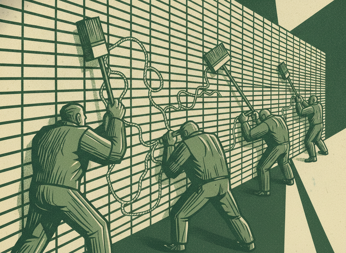 Workers scrubbing and squaring a ledger the size of a wall, pulling tangled threads out of the columns until every row lines up clean.