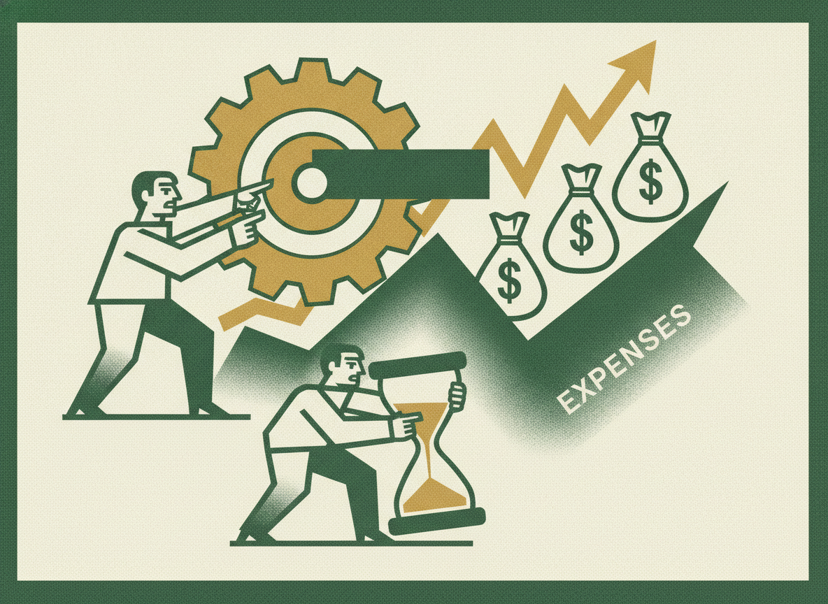 Woodcut illustration representing timing expenses around revenue.