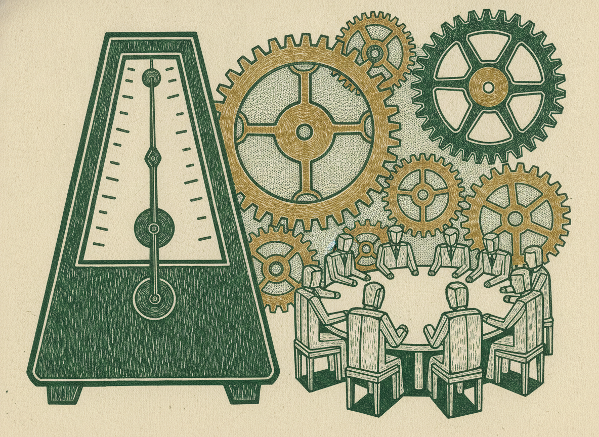 Woodcut of a metronome and gears beside a small team meeting in a repeating cycle.