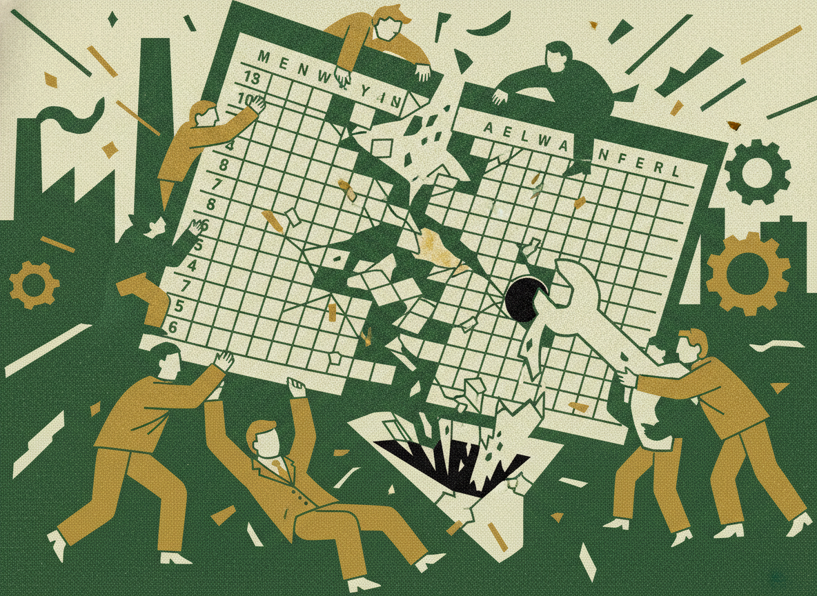 Woodcut illustration representing where spreadsheets actually break.