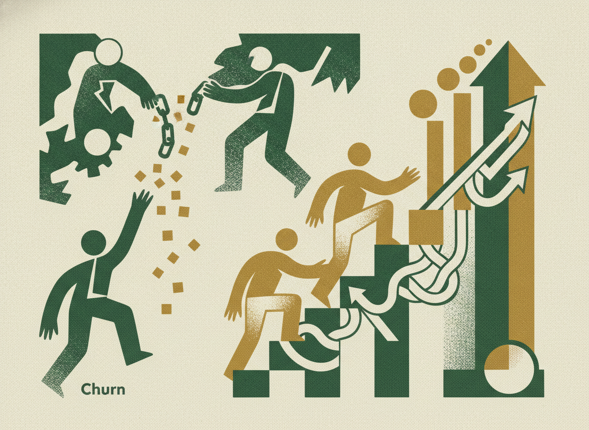 Woodcut illustration representing churn and net revenue retention.