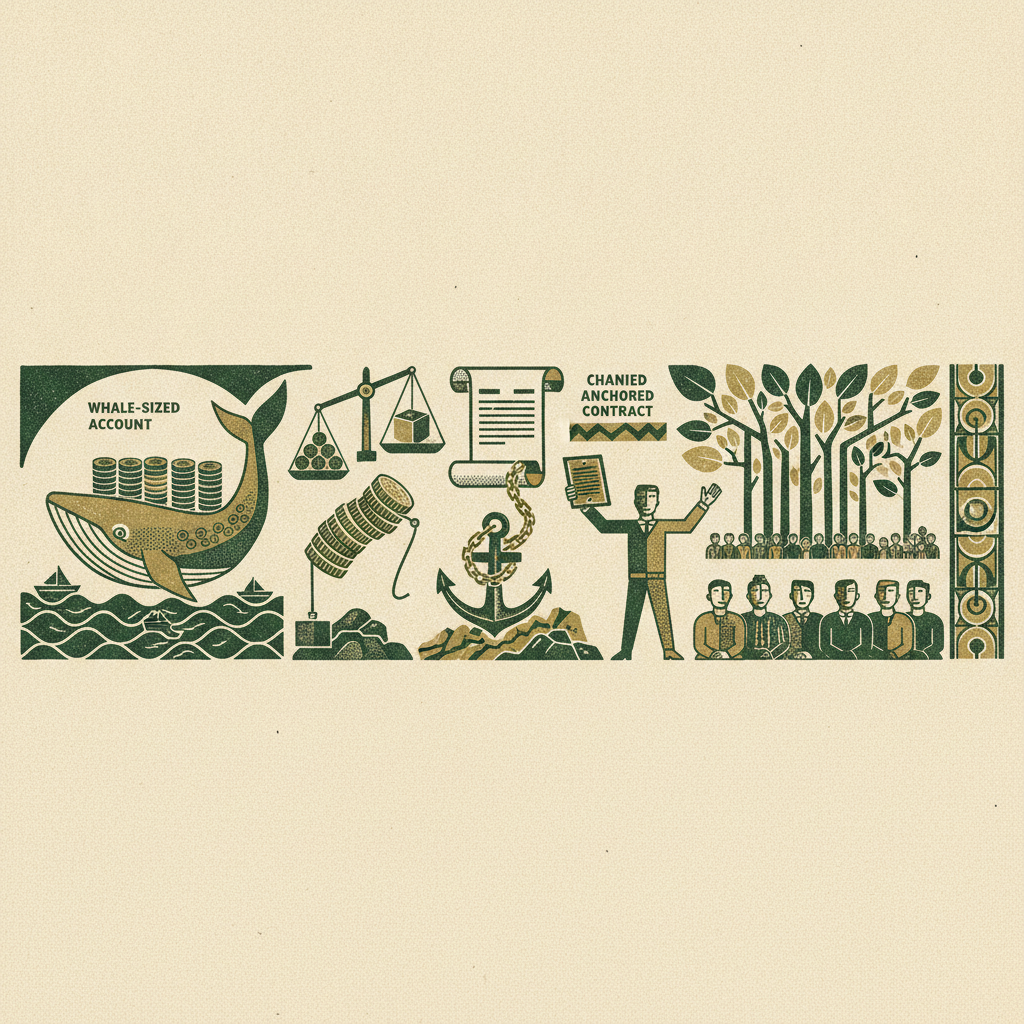 A carved panoramic frieze from a whale-sized account and measuring scale to a chained contract, a widening grove of customers, and a founder presenting to a calm board, on managing customer concentration risk.