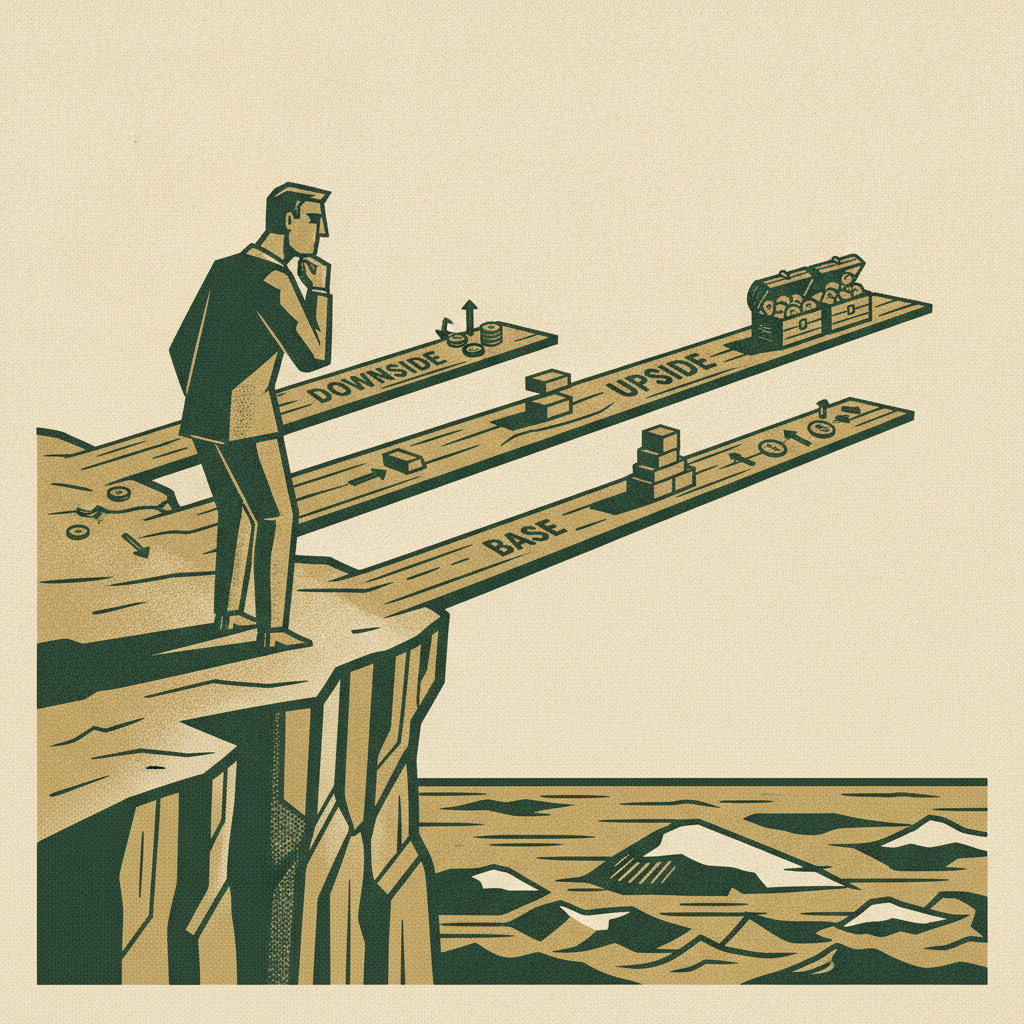 Woodcut of three runway planks of different lengths extending from a cliff while a figure studies them, showing modeling runway across downside, base, and upside scenarios.