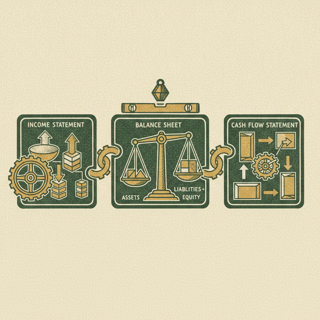 Three panels for income statement, balance sheet, and cash flow joined by gold links so turning one moves all three, showing cleanly linked three statements that balance on their own.