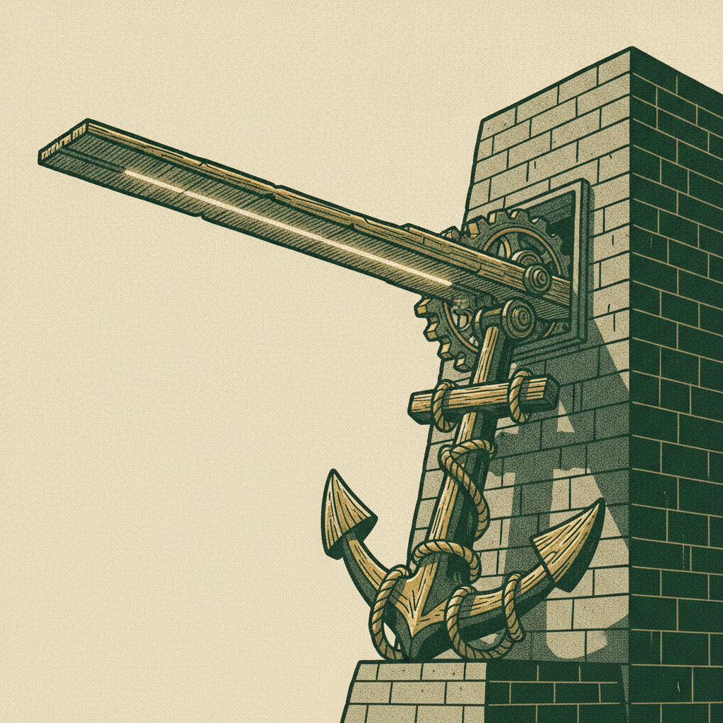 Woodcut of a lever and anchor extending a runway plank from a solid building without removing blocks, showing debt as leverage without dilution.