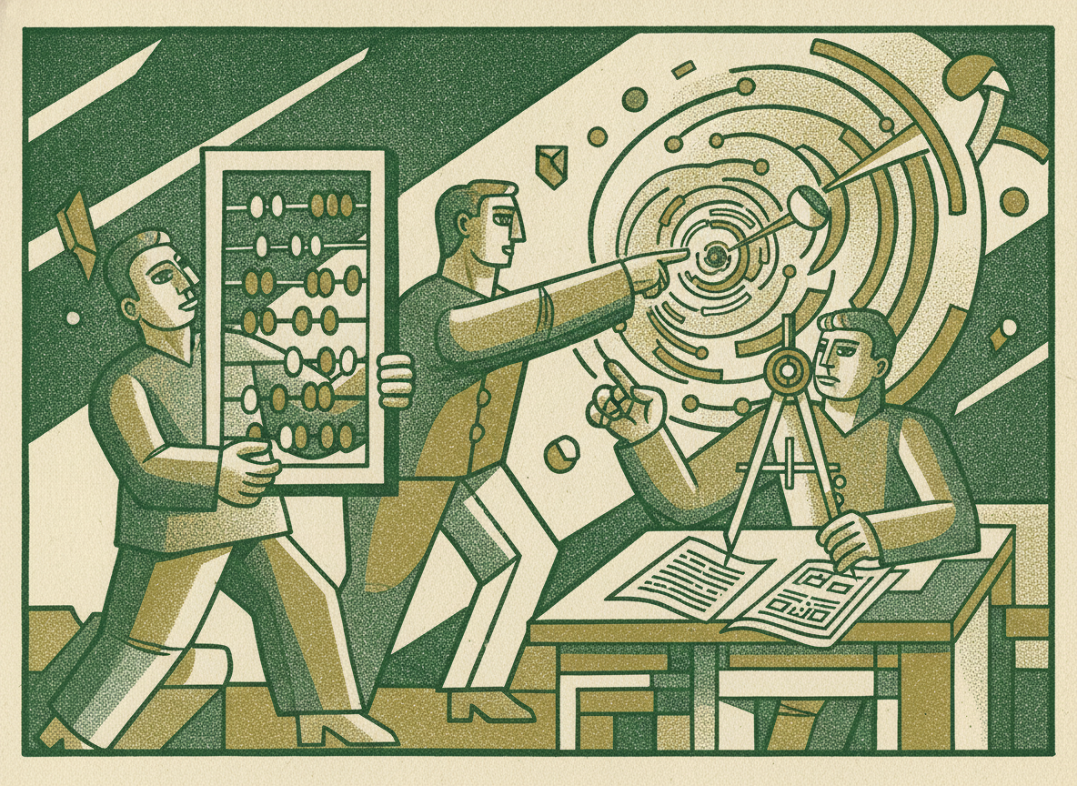 Woodcut illustration representing doing the conversion math.