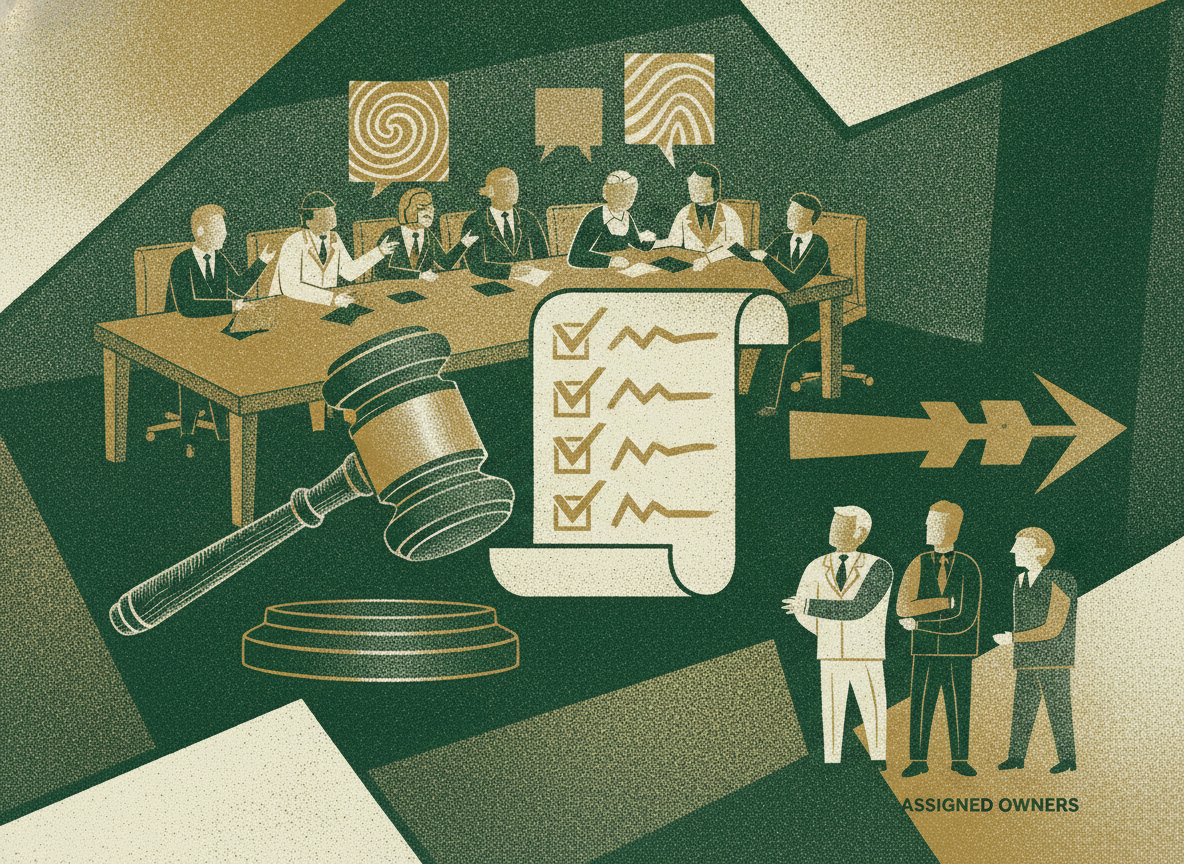 A gavel beside a decision checklist with checkmarks leading to assigned owners.