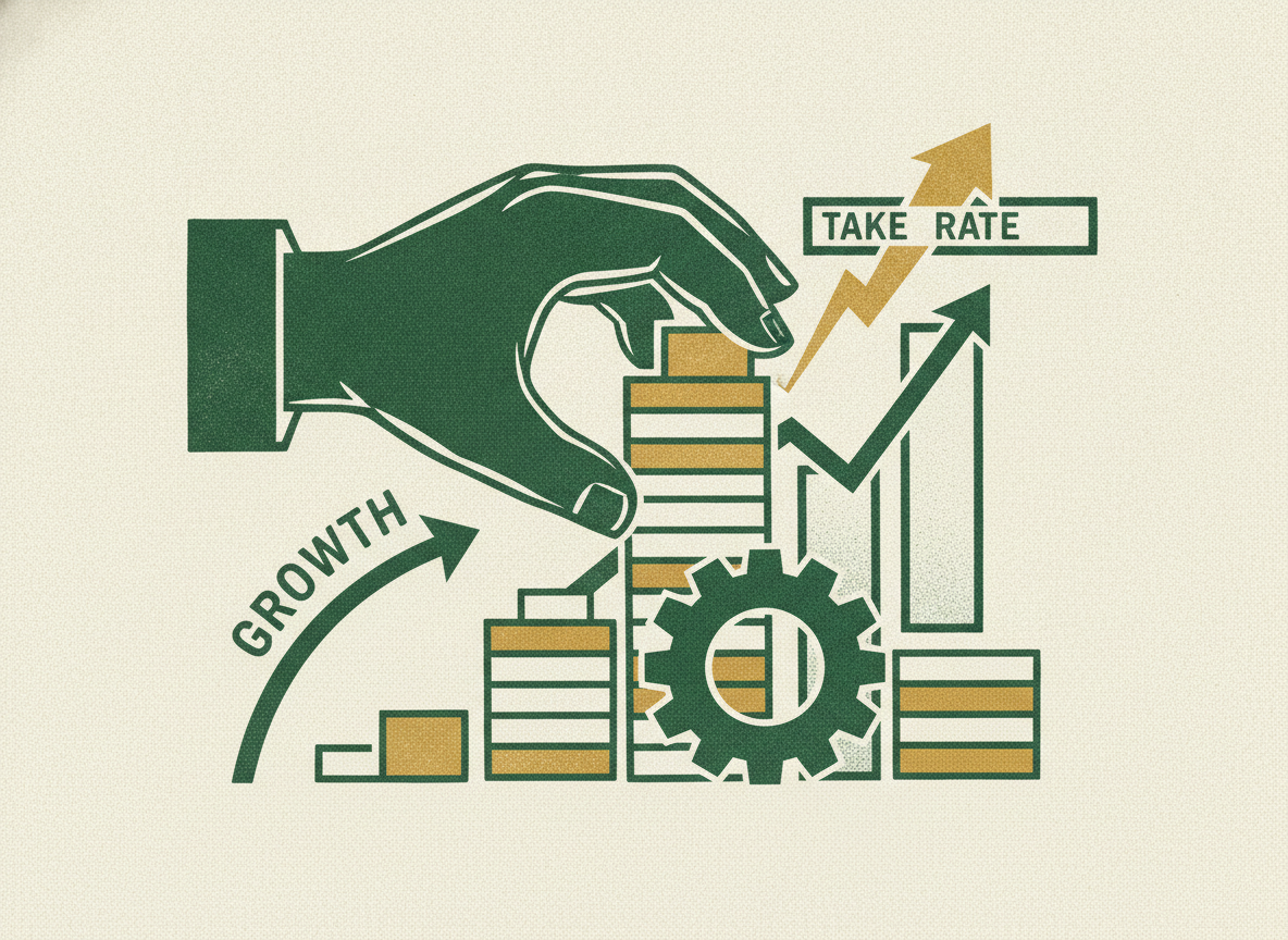 Woodcut illustration representing take rate: the number that determines your real revenue.