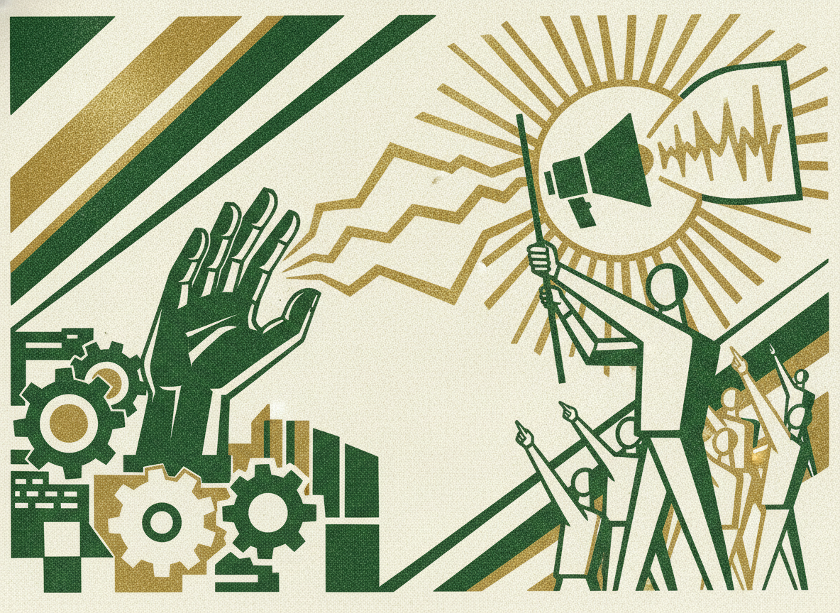 Woodcut illustration representing the signal that it is time to hire.