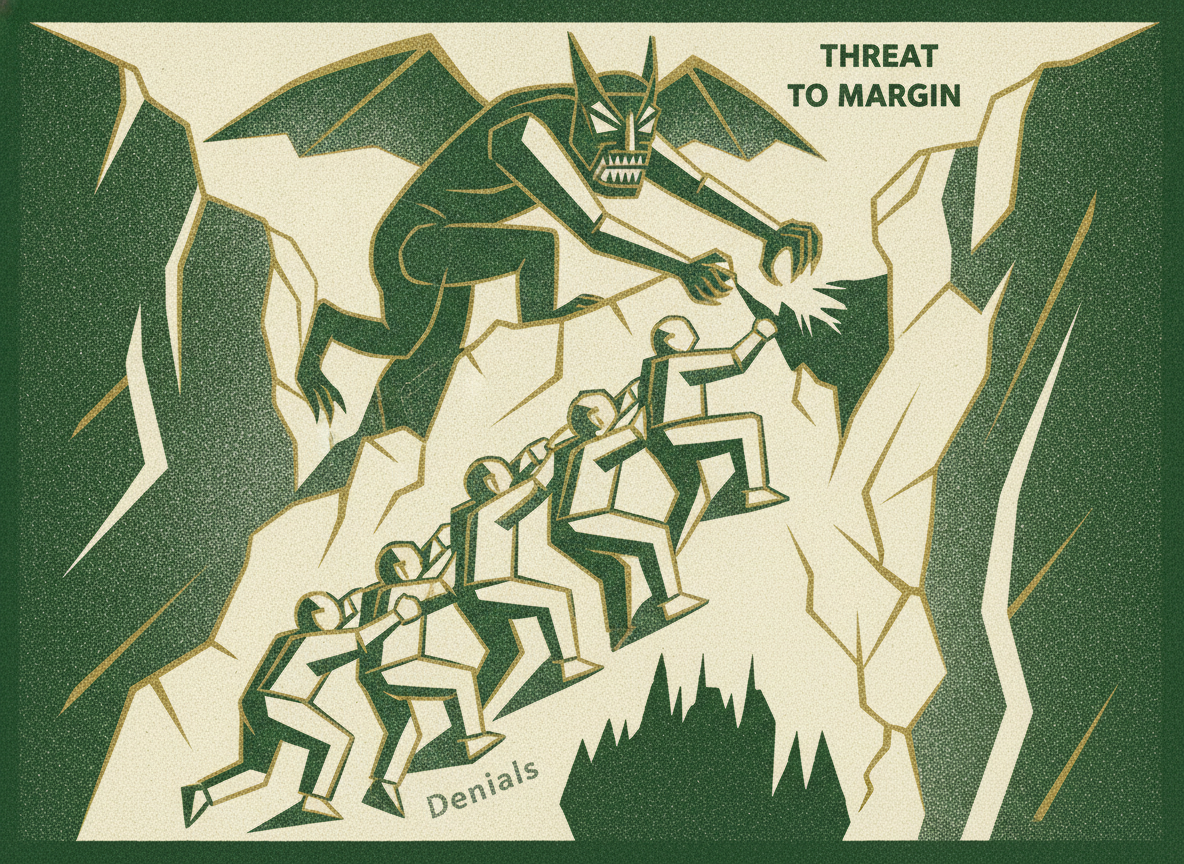 Woodcut illustration representing denials: the climbing threat to margin.