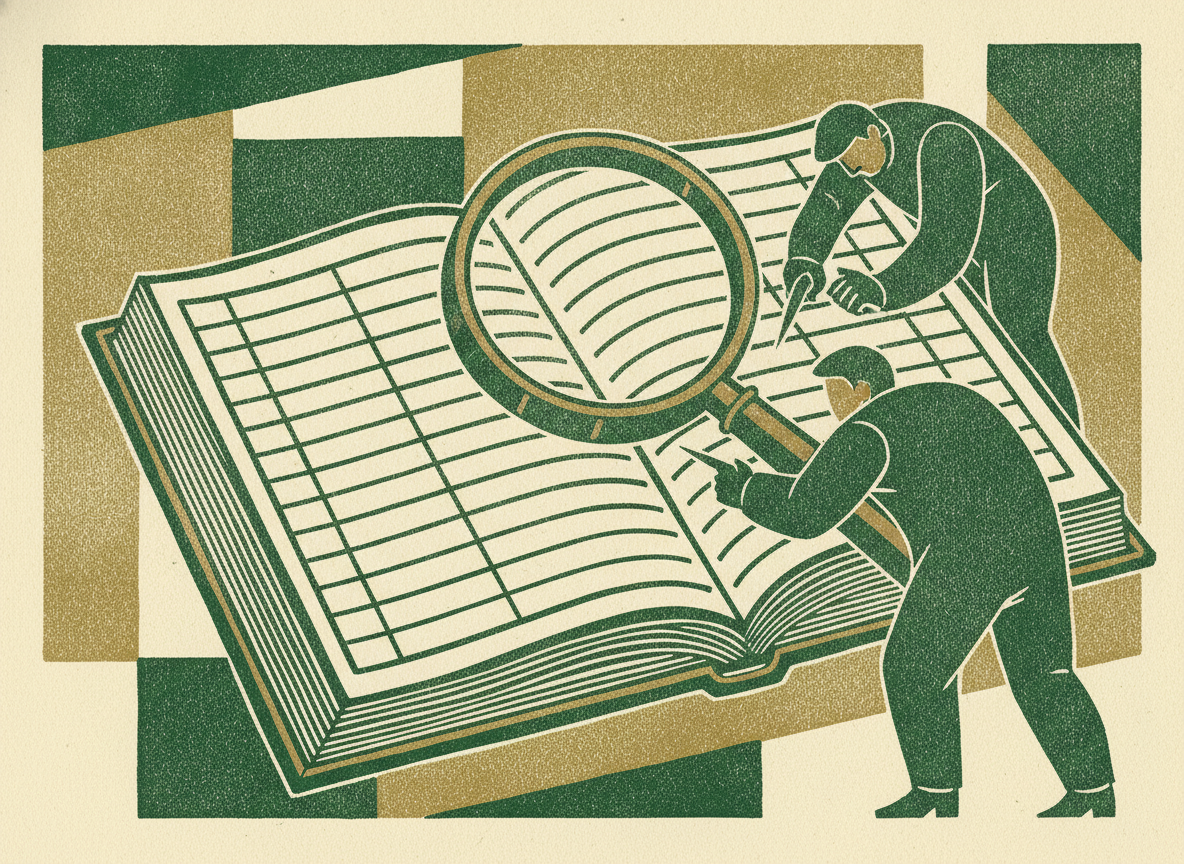 An open accounting ledger examined under a magnifying glass during a quality of earnings review.
