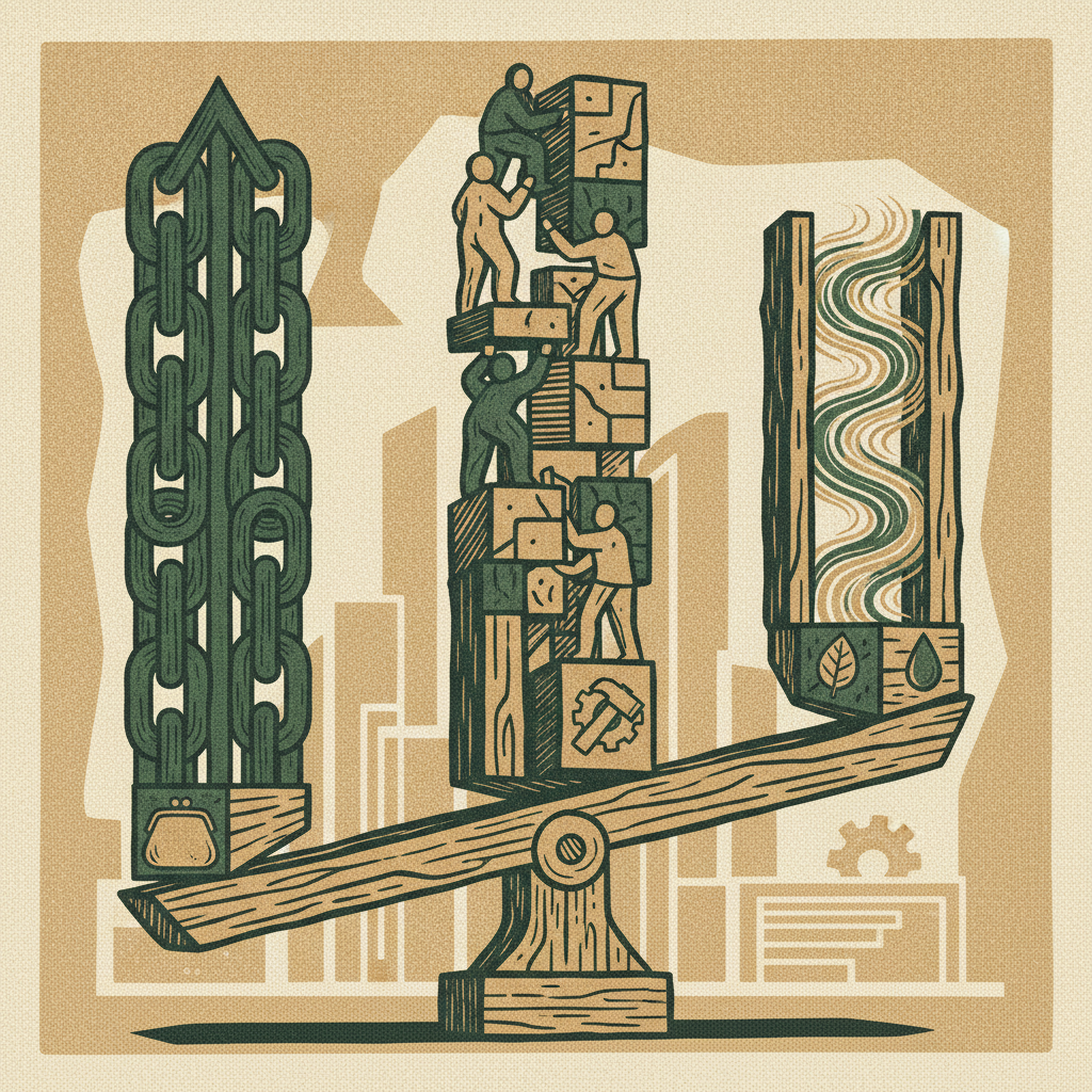 Woodcut of three carved columns on a balance, one of chains, one of shared building blocks, one of flowing water, showing the true cost of debt, equity, and revenue-based financing.