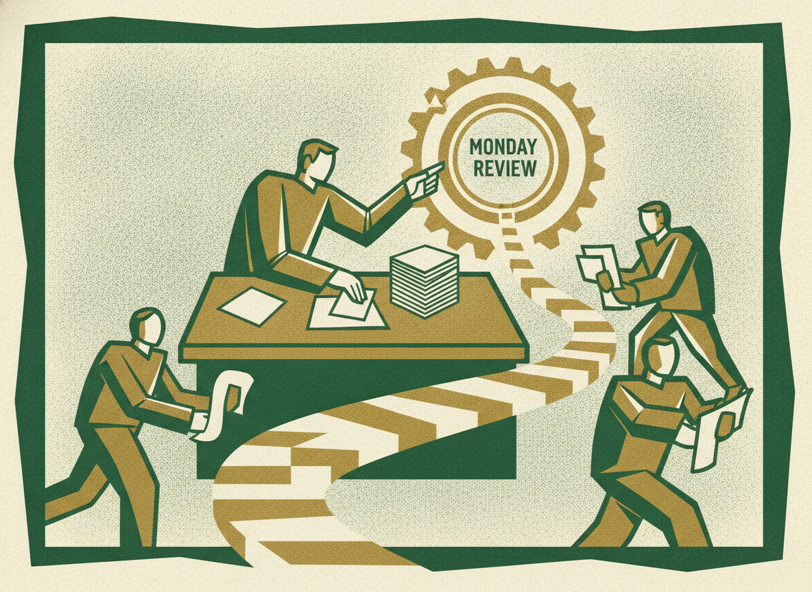 Woodcut illustration representing making the monday review a habit.
