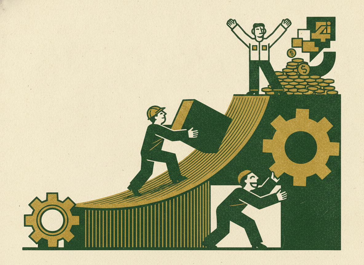 Woodcut illustration representing the ramp: when a hire actually pays off.