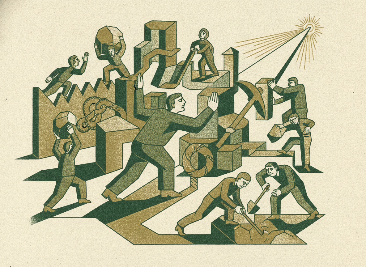 Woodcut illustration representing exhaust the alternatives first.