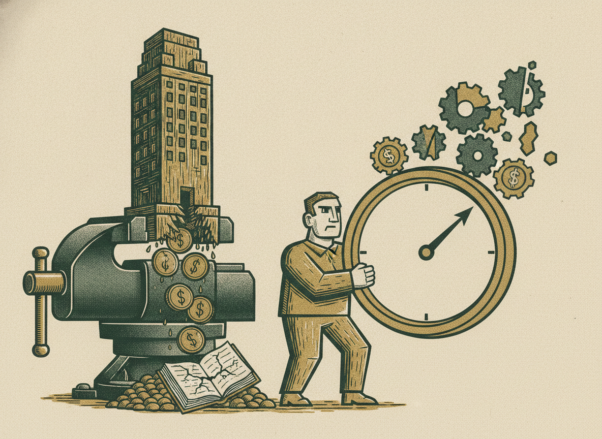 A supplier-shaped column crushed in a vise spilling coins beside a founder reading a blank pressure dial, showing a financial stress test of a supplier failure.