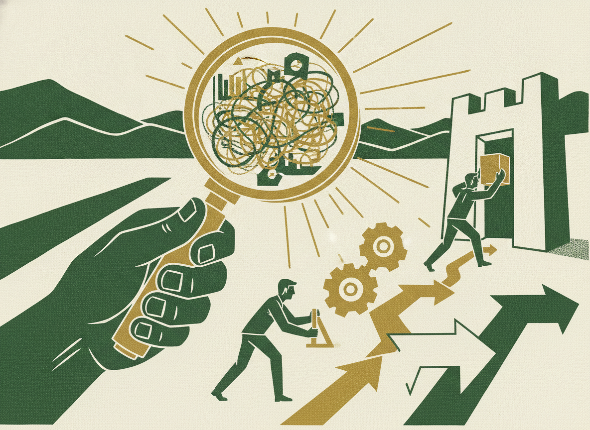 Woodcut illustration representing acting on what the analysis reveals.