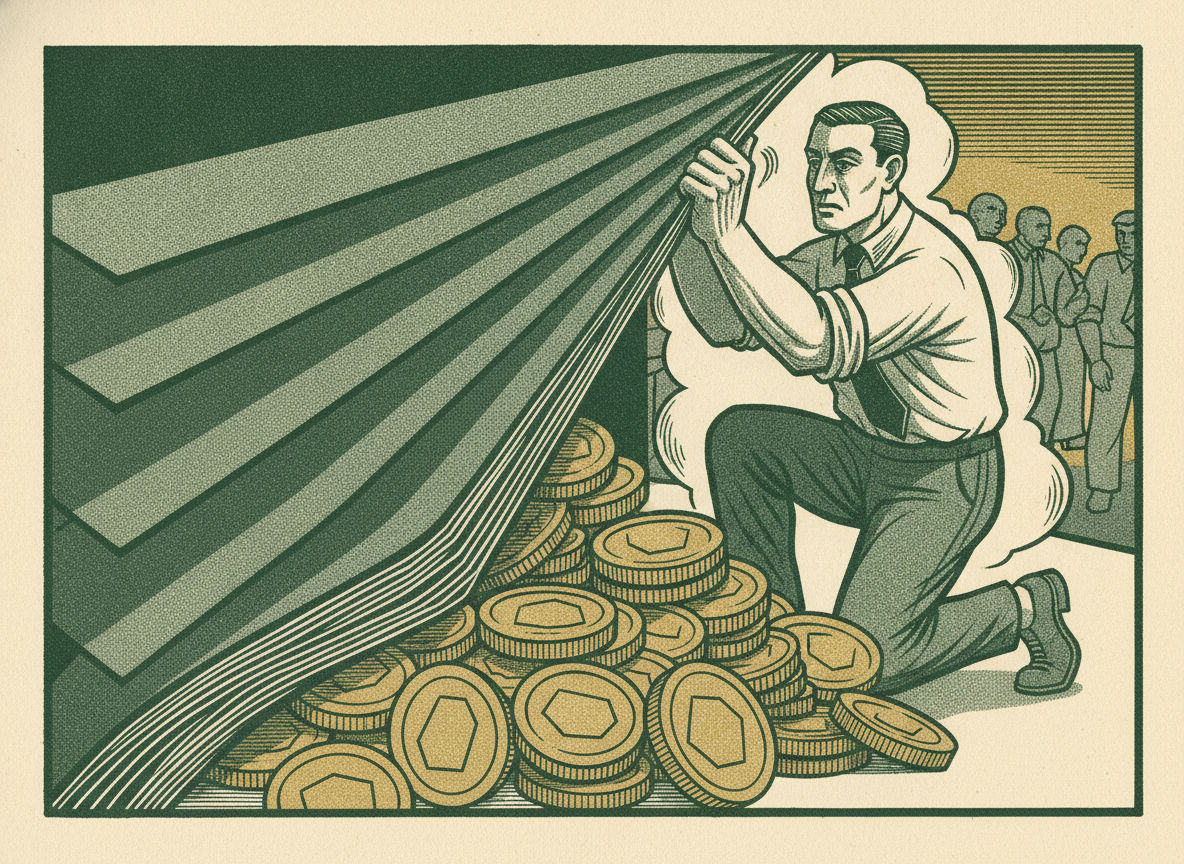 Woodcut of an analyst peeling back layered planes of an income statement to reveal a foundation of coins