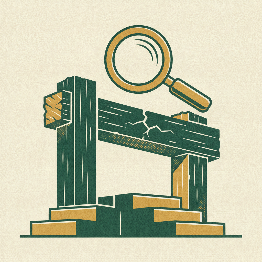 A woodcut financial structure with a hairline crack through the gross-margin beam revealed by a magnifying glass.