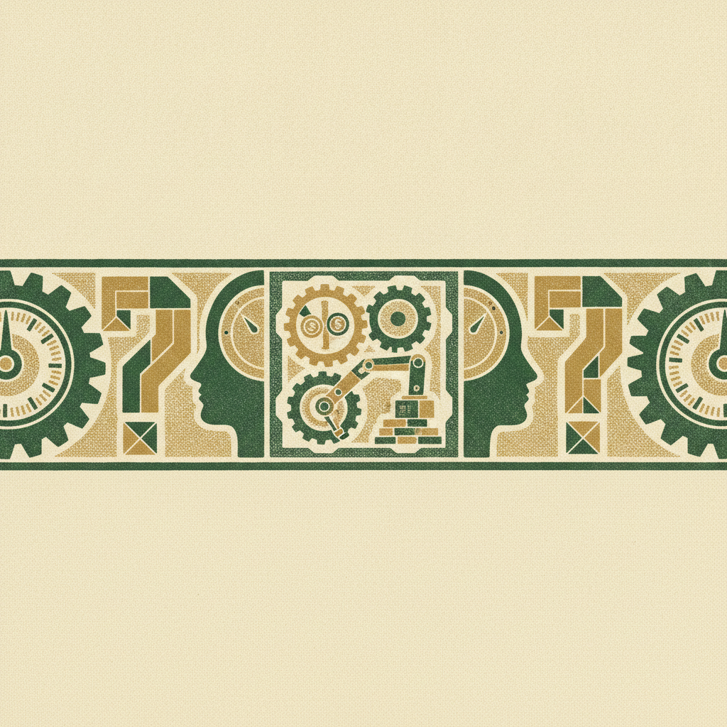 A wide carved frieze alternating gears, human profiles, and question-mark shapes, a section break on finance and automation.