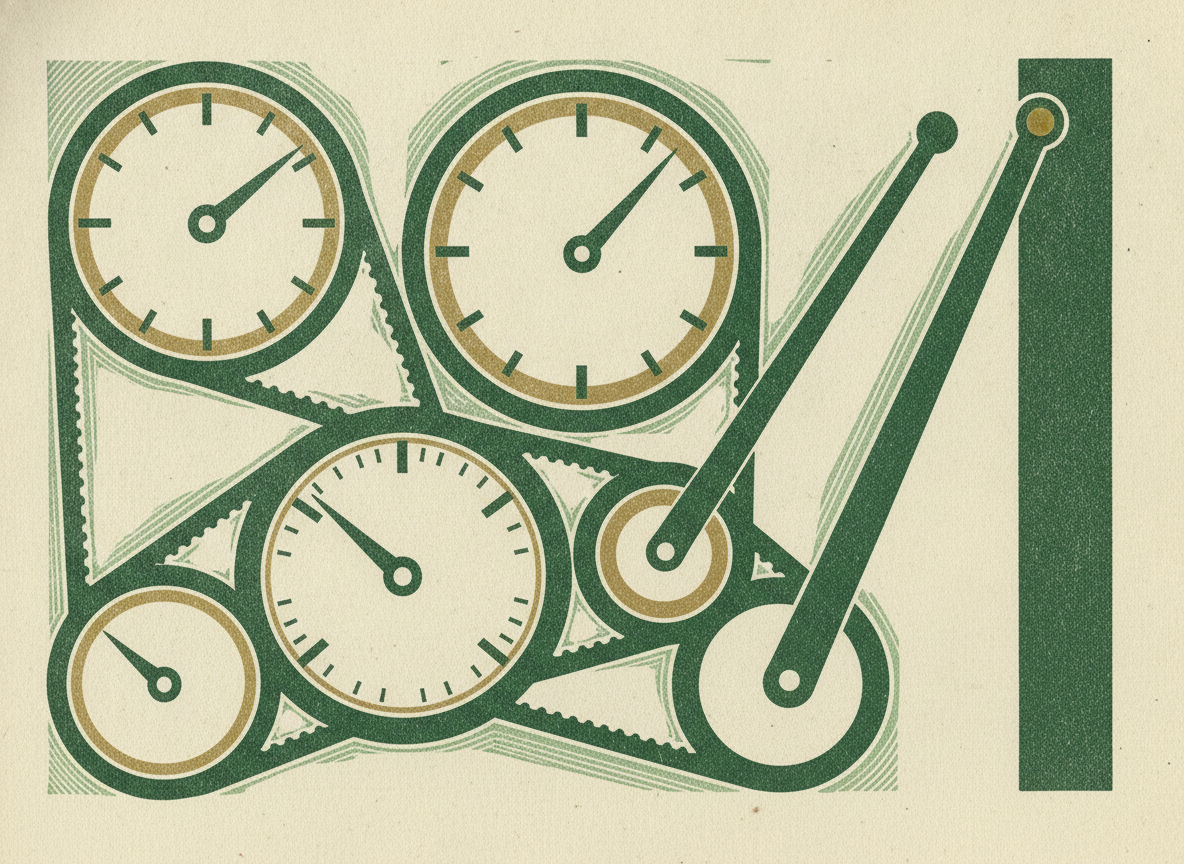 Woodcut of interlocking gauges and levers driving a rising output bar.