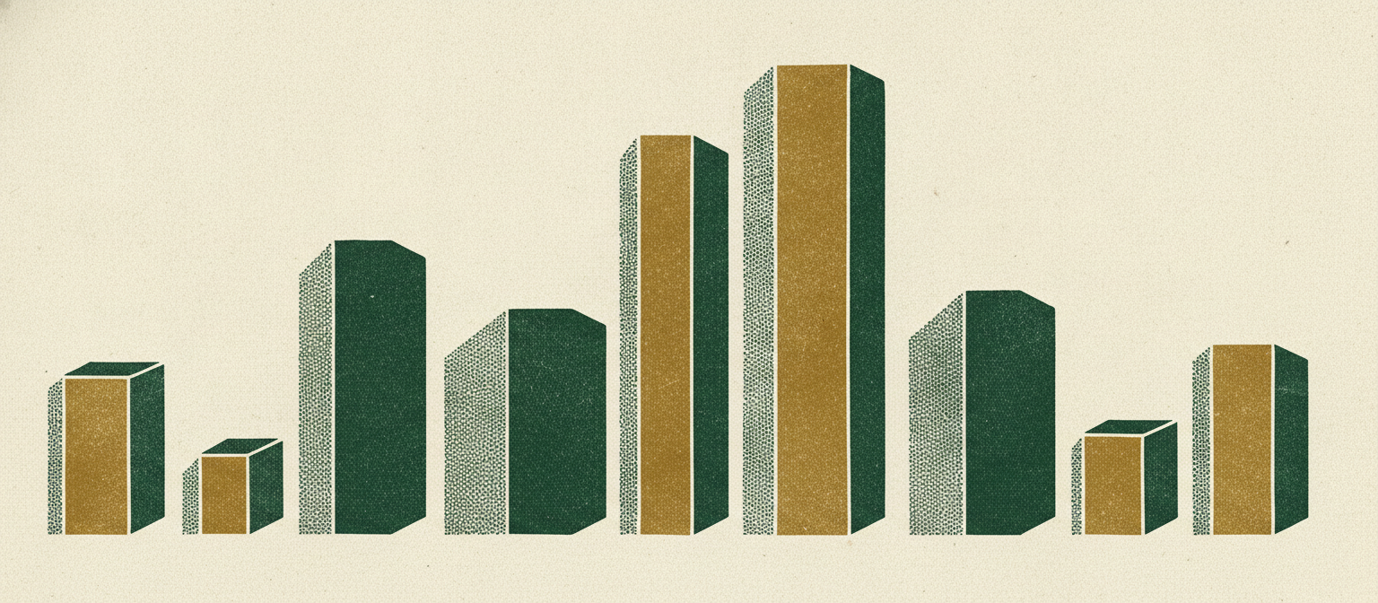 A carved horizon of rising and falling valuation multiple bars across three business exits.