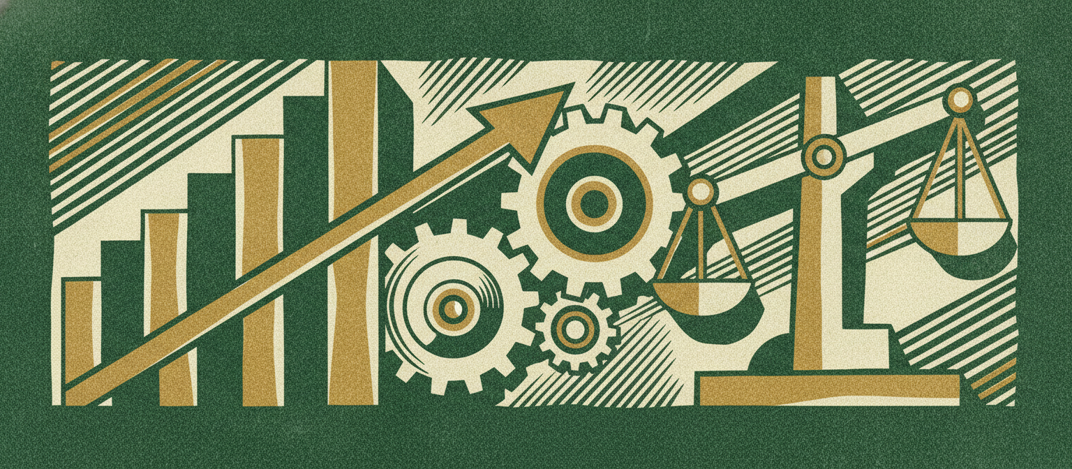 Wide woodcut finance frieze section divider.