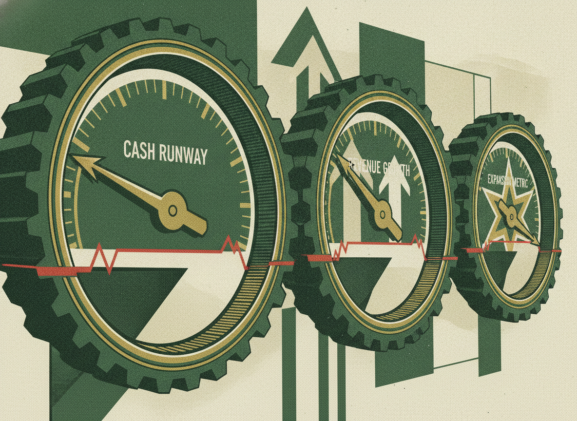 Dashboard gauges with needles crossing a threshold line represent financial trigger metrics.