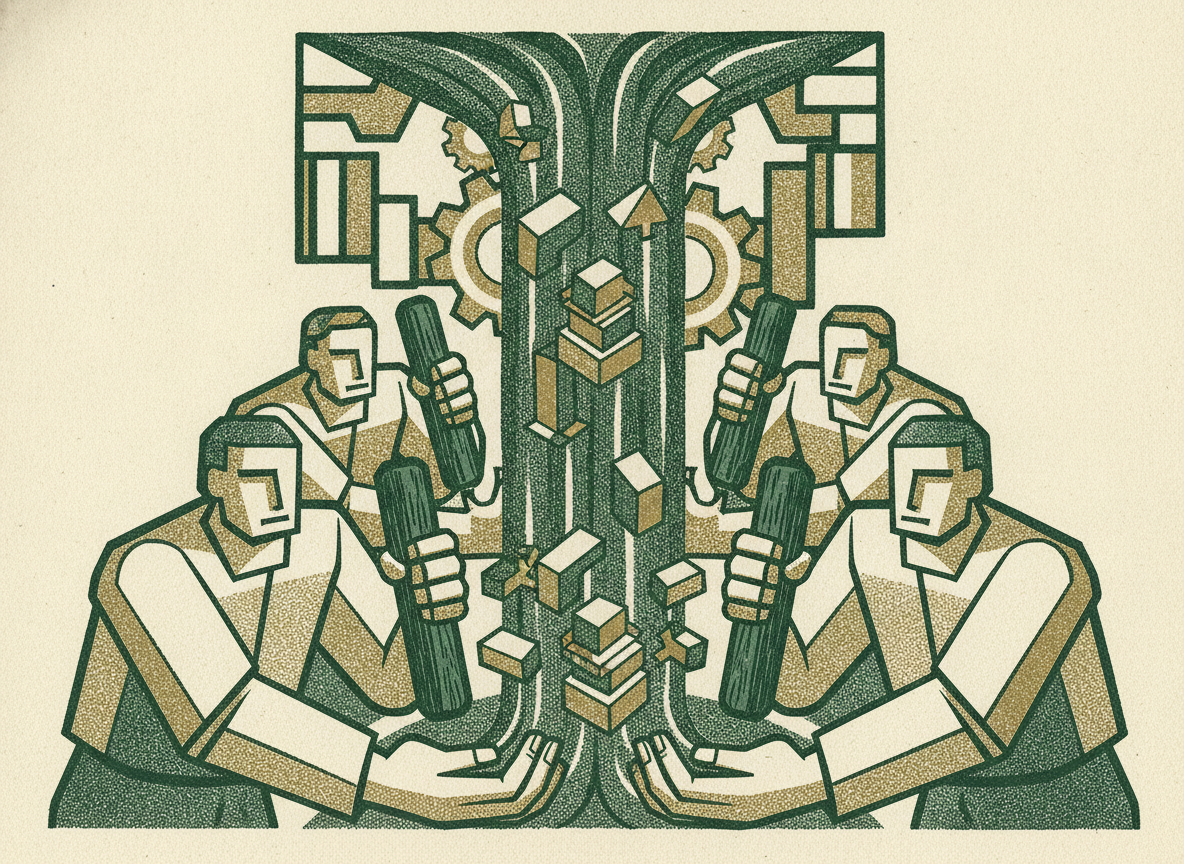 Woodcut of goals cascading down to workers each gripping a lever.
