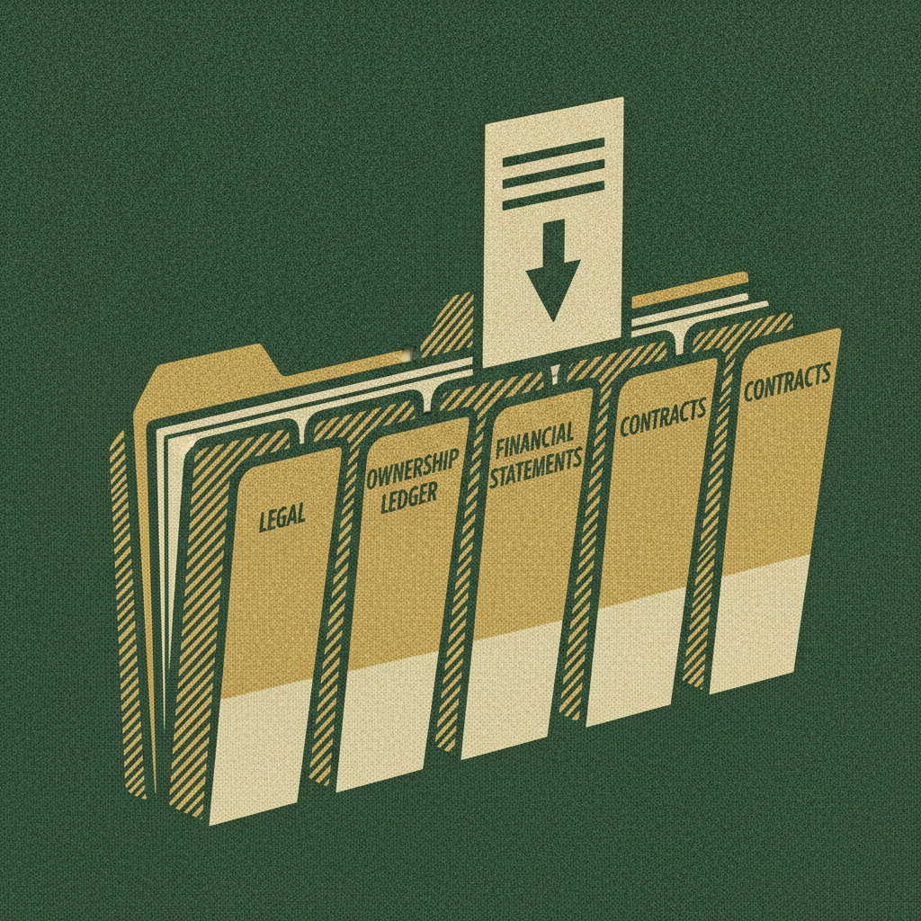 A woodcut of four labeled pillars forming an organized investor data room.