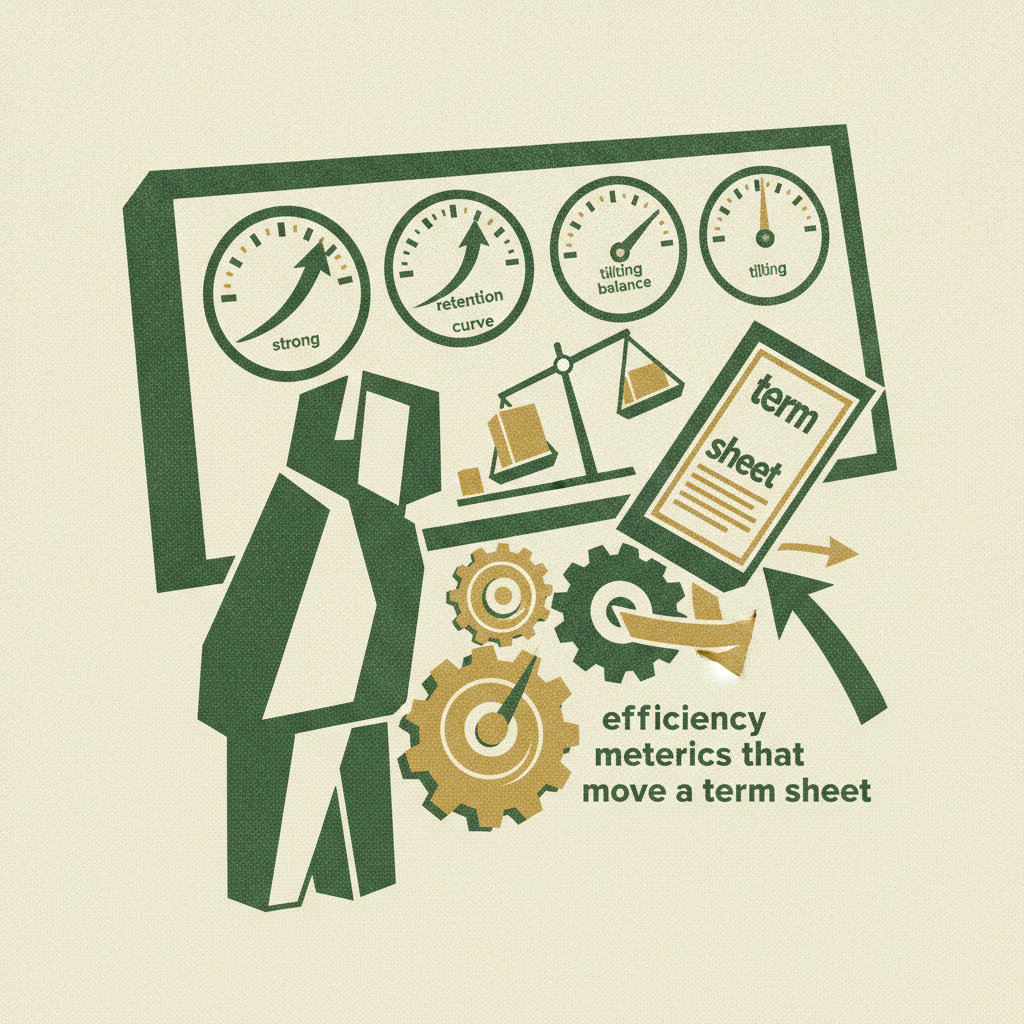 A woodcut dashboard of efficiency gauges that influence a term sheet.